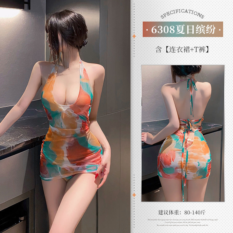 夏日氛围 深U露沟晕染印花包臀裙