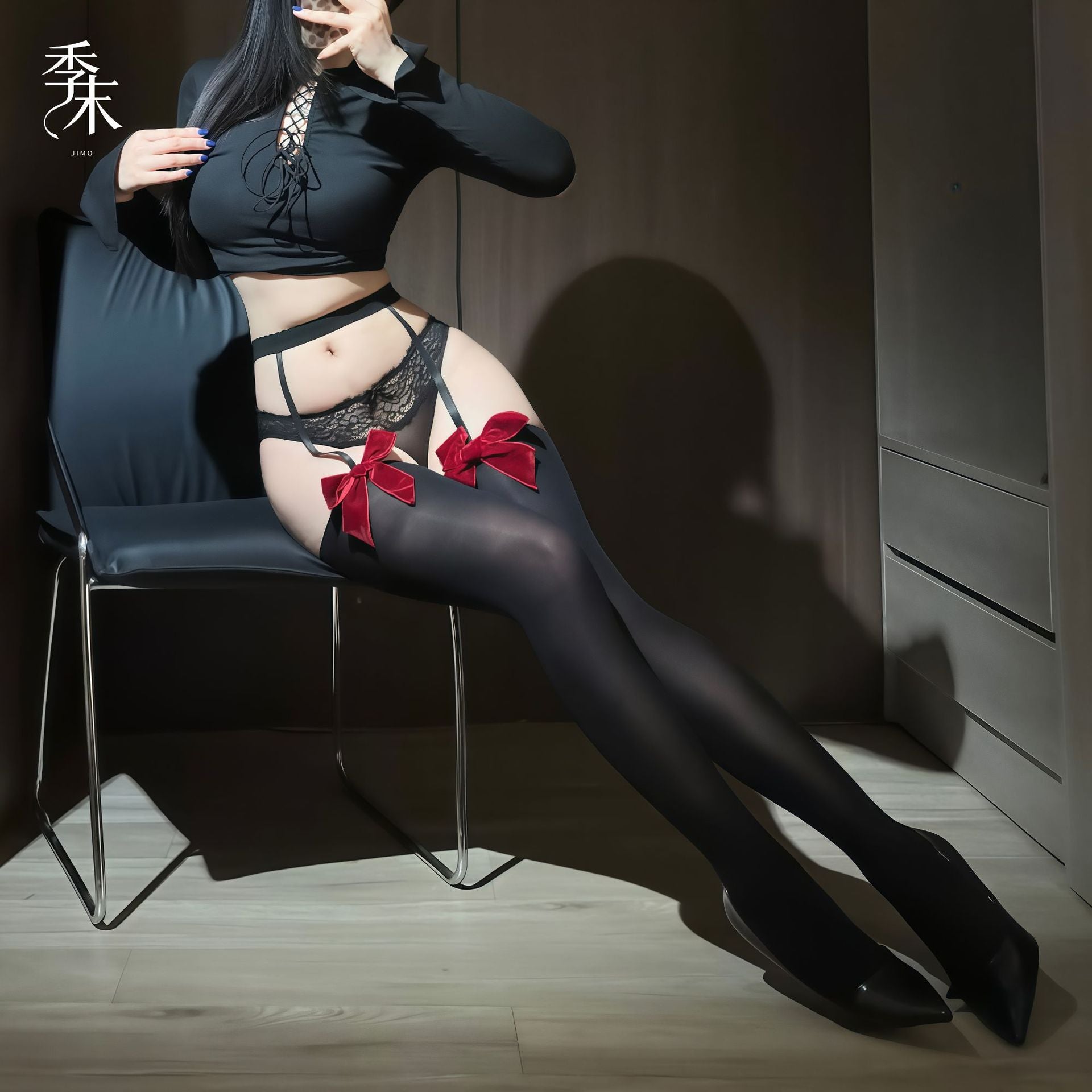 直男诱捕器 日系丝绒蝴蝶结天鹅绒一体吊带袜.