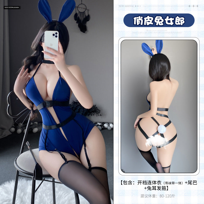 俏皮兔女郎 深V挂脖镂空紧身开档连体衣制服