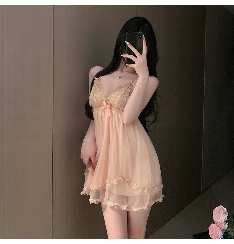 少女手风琴 纯欲网纱家居睡裙带胸垫吊带睡裙