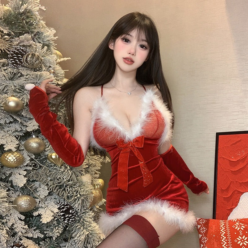 新年礼物 性感毛绒吊带睡裙短裙制服套装