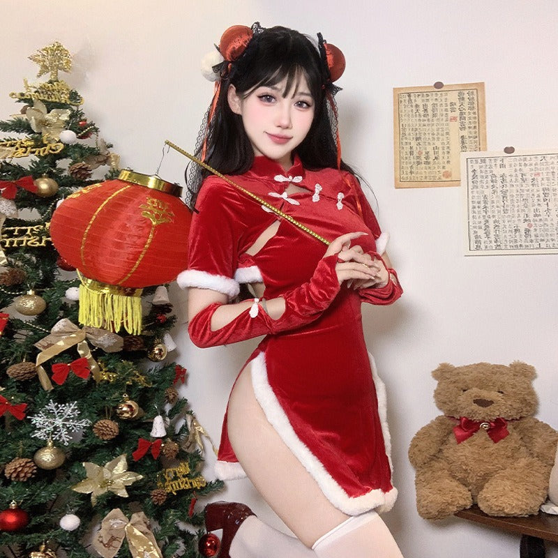 新年盘扣古典中袖旗袍开叉包臀制服套装