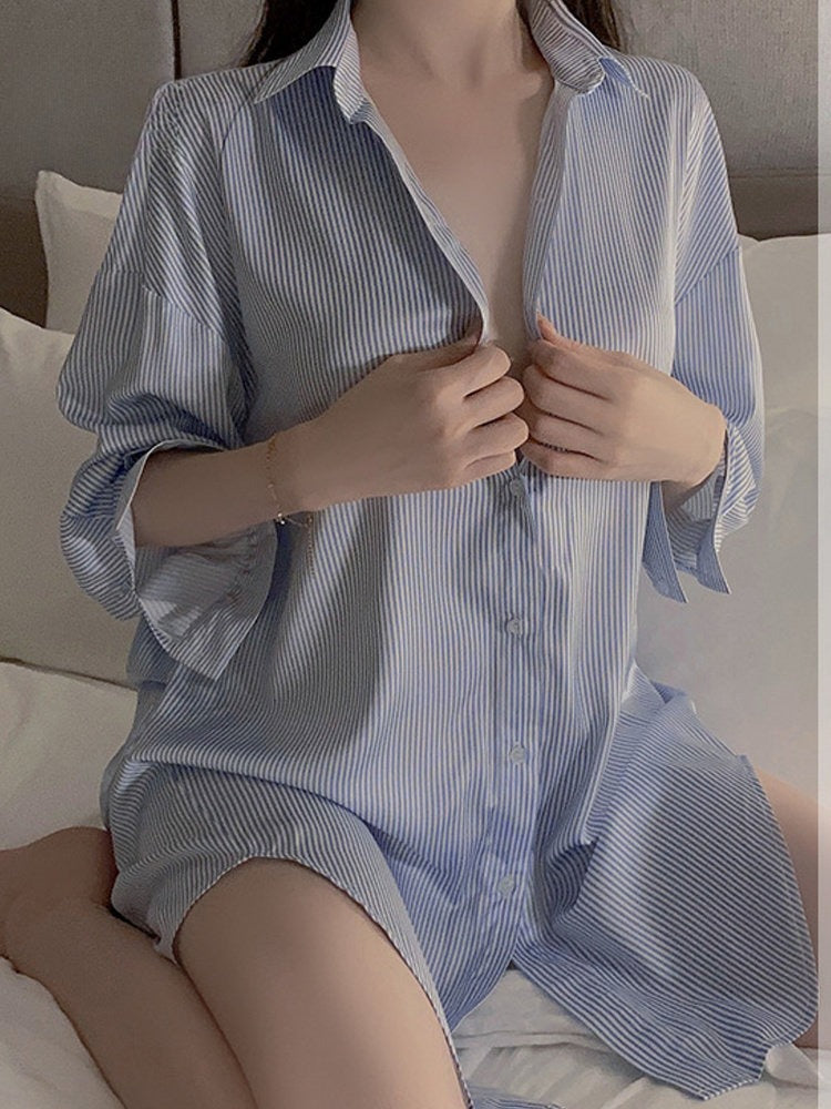 男友风性感开襟钮扣宽松舒适衬衫 可外穿.