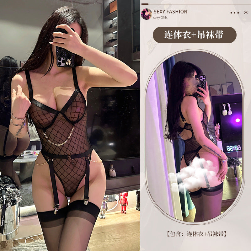 性感女神 蕾丝诱惑透视挂脖连体链条分体装