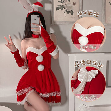 萌兔物语甜美蝴蝶结圣诞抹胸修身裙制服套装.