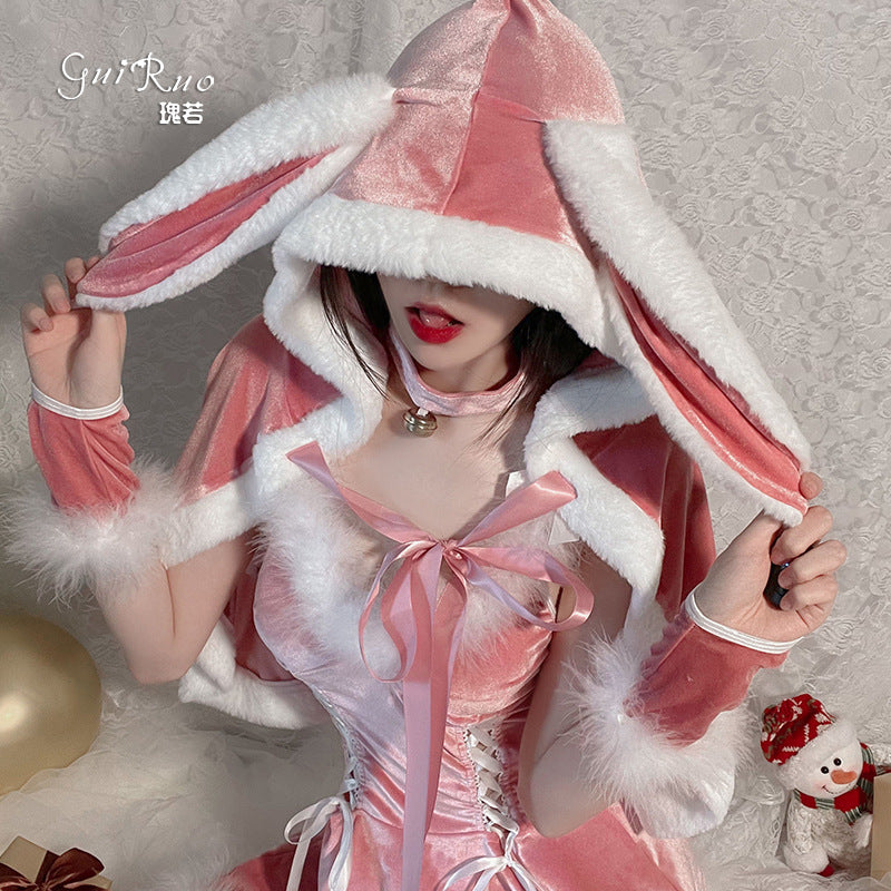 丝绒圣诞兔女郎帽子斗篷套装.
