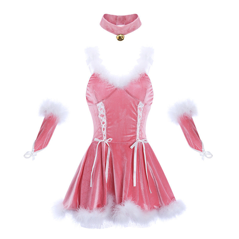 粉色的冬季圣诞毛绒吊带裙.