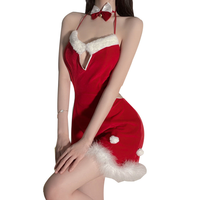 镂空毛绒边圣诞吊带裙装.
