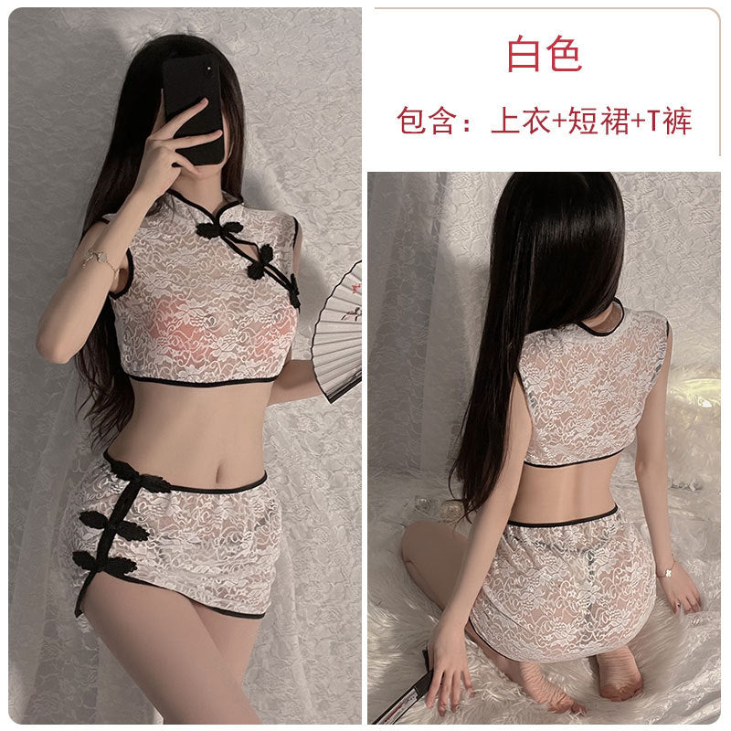 东方韵味古风立领蕾丝分体旗袍套装.