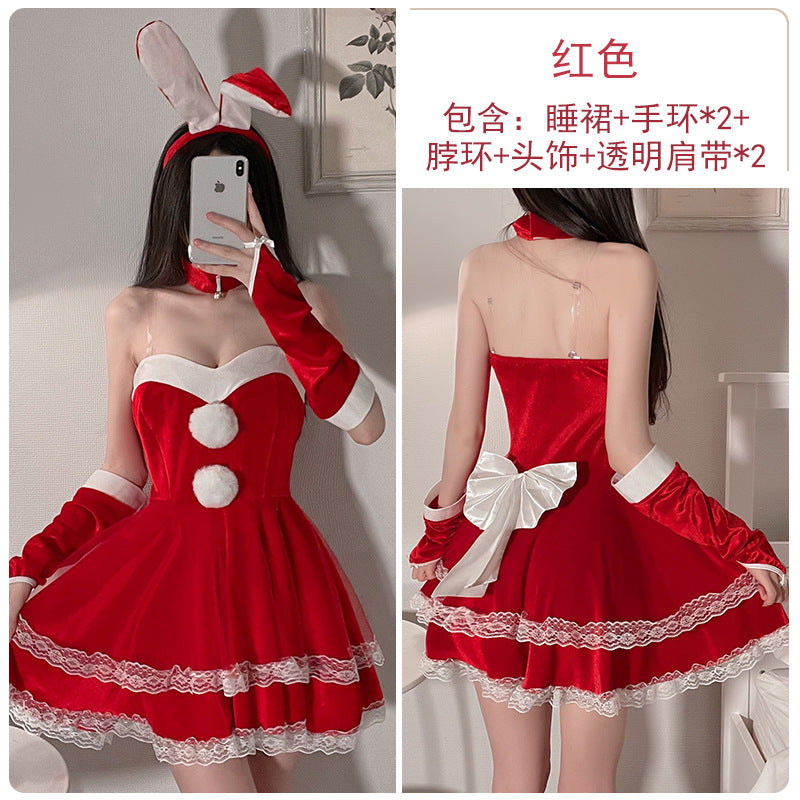 萌兔物语甜美蝴蝶结圣诞抹胸修身裙制服套装.